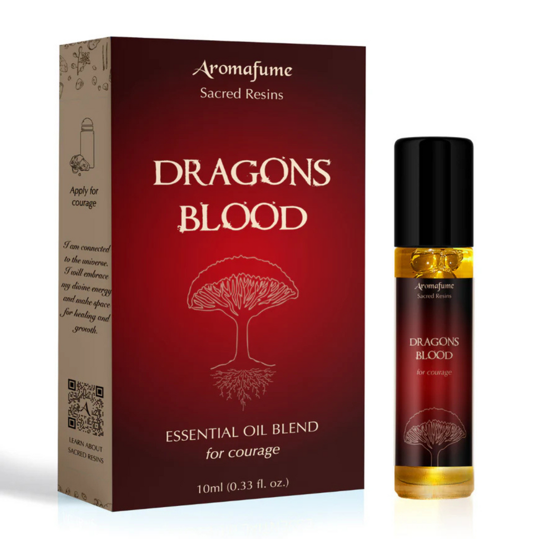 Aromafume Dragons Blood essential oil blend packaging and bottle on a white background