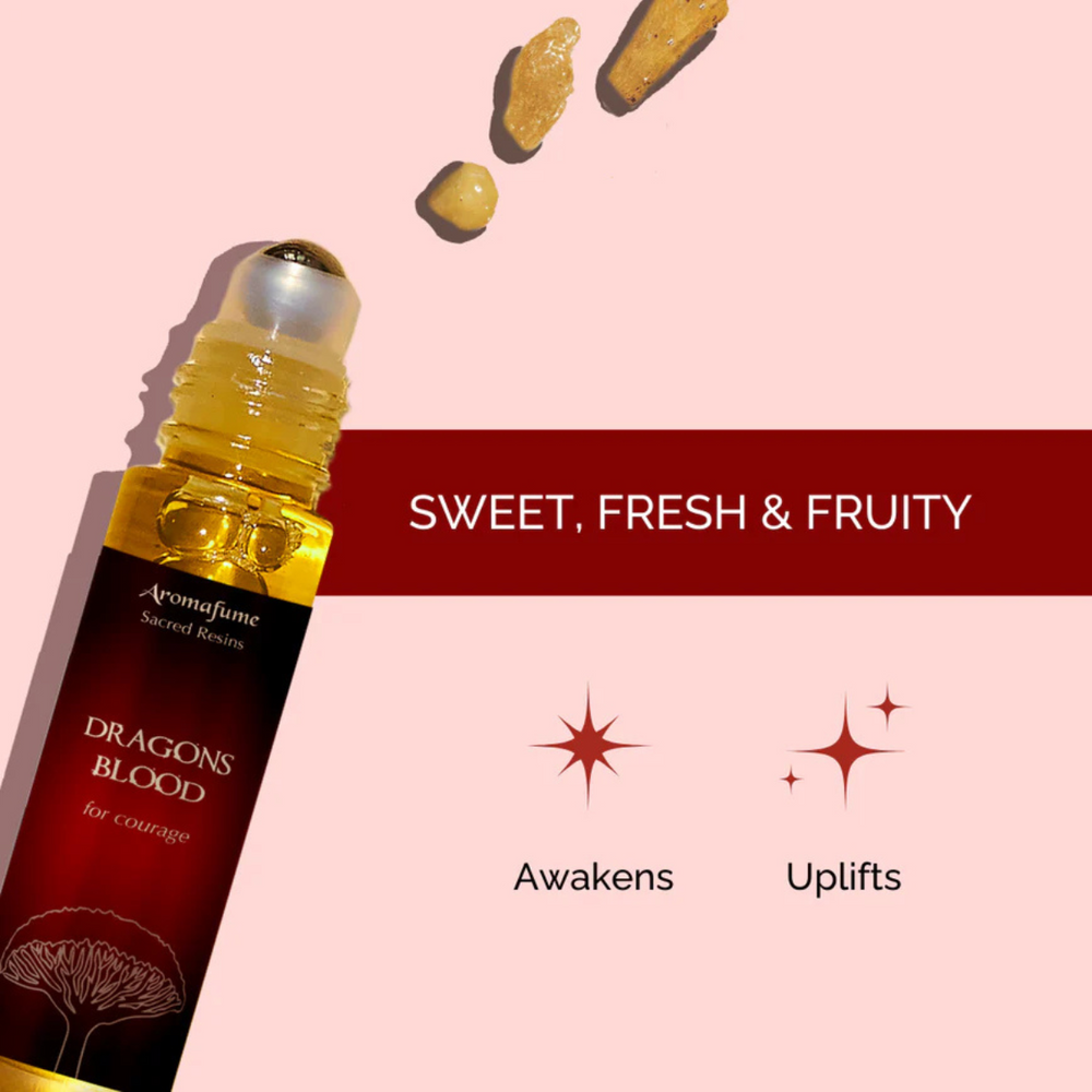 Aromatherapy rollerball with 'Dragon's Blood' description on a pink background