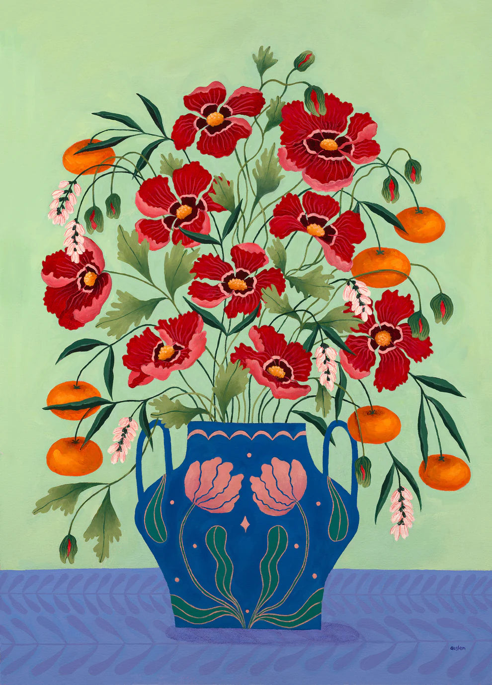 Fine art print of a bright burgundy floral display in a blue vase with light pink floral motif.