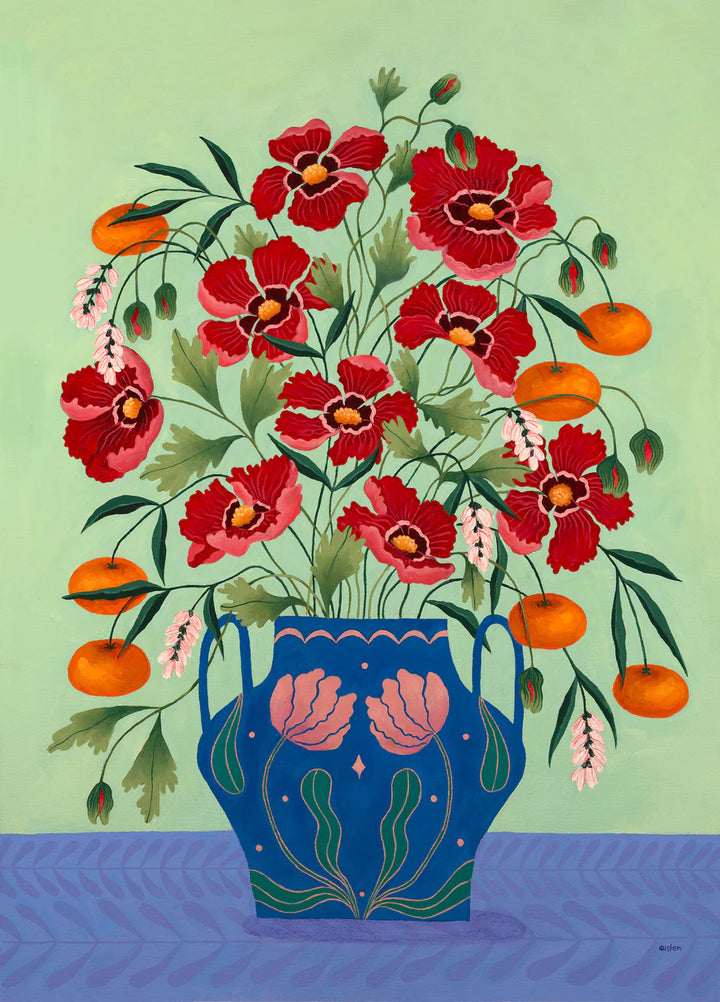 Fine art print of a bright burgundy floral display in a blue vase with light pink floral motif.