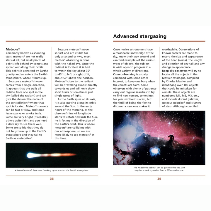 Page from a book on advanced stargazing with text and images of meteors and a comet.