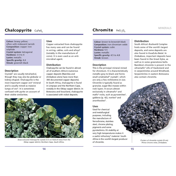 Mineralogy book page with images and descriptions of Chalcopyrite and Chromite.