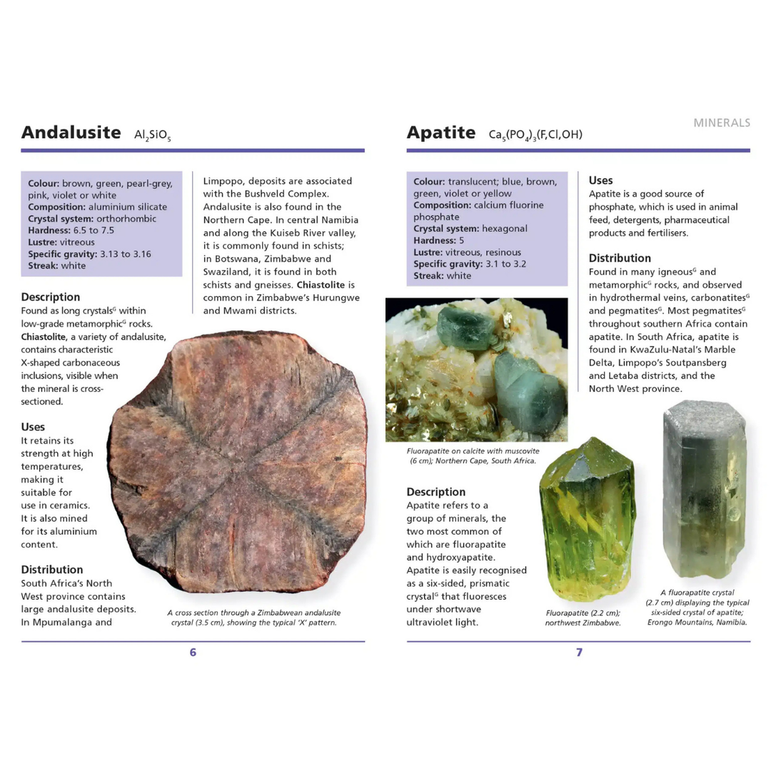 Mineralogical information sheet on Andalusite and Apatite with images and text.