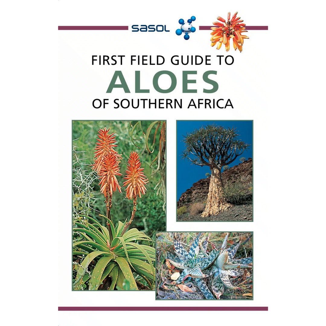 Book cover of 'First Field Guide to Aloes of Southern Africa' with Sasol logo and images of aloes.