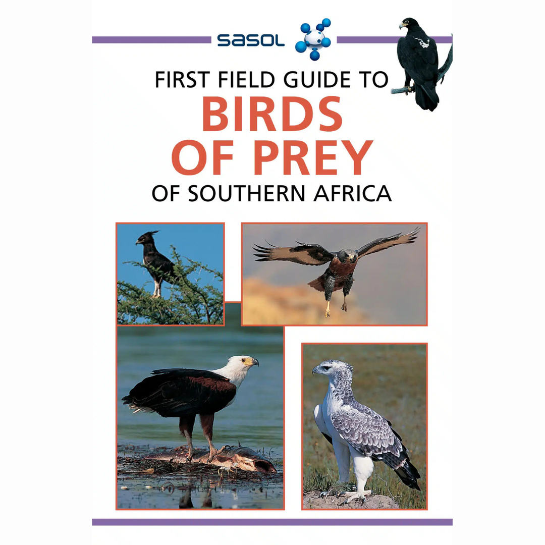 Book cover of 'First Field Guide to Birds of Prey of Southern Africa' with images of various birds and Sasol logo.