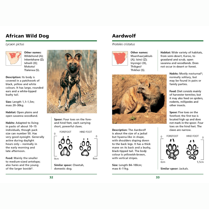 Page from a book or guide showing information about African Wild Dogs and Aardwolves, including images and descriptions.