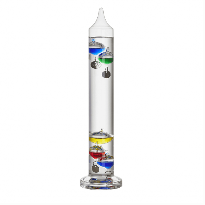 Galileo Galilei - Glass Thermometer featuring colorful glass bulbs in clear liquid, stylish scientific design.