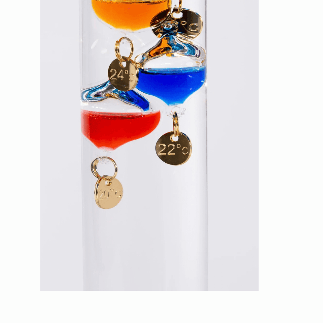 Galileo Galilei - Glass Thermometer with colorful glass bulbs measuring temperature in clear liquid.