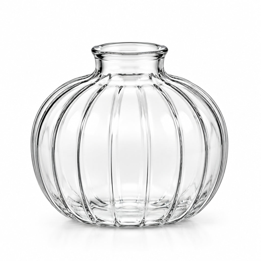 Clear pumpkin glass flower vase, 9h x 4dcm, perfect for single stems and small posies.