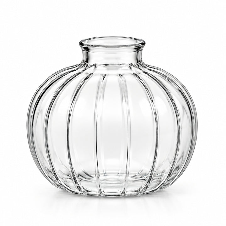 Clear pumpkin glass flower vase, 9h x 4dcm, perfect for single stems and small posies.