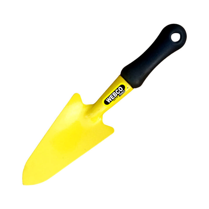Yellow garden trowel with black handle on a white background
