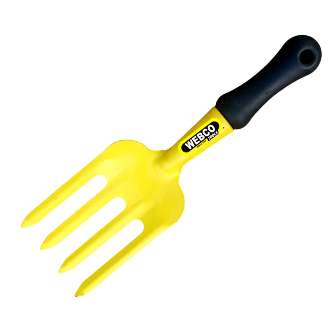 Yellow garden fork with black handle on a white background, featuring the WEBCO brand.