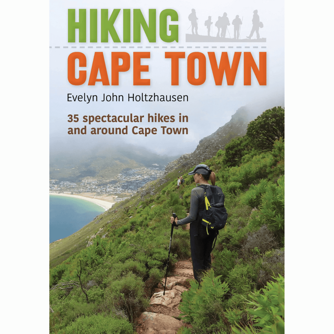 Hiking Cape Town book cover featuring a woman on a hiking trail with views of the coast and mountains.