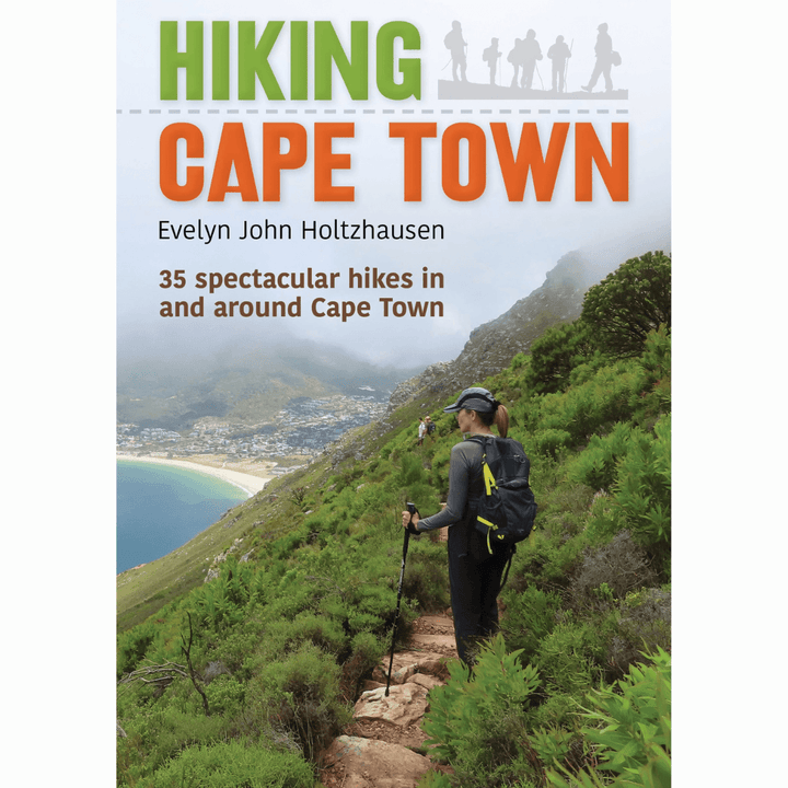 Hiking Cape Town book cover featuring a woman on a hiking trail with views of the coast and mountains.