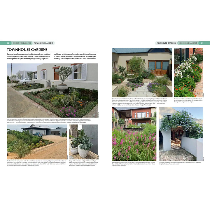 Garden design images for townhouse gardens with various plants and structures.