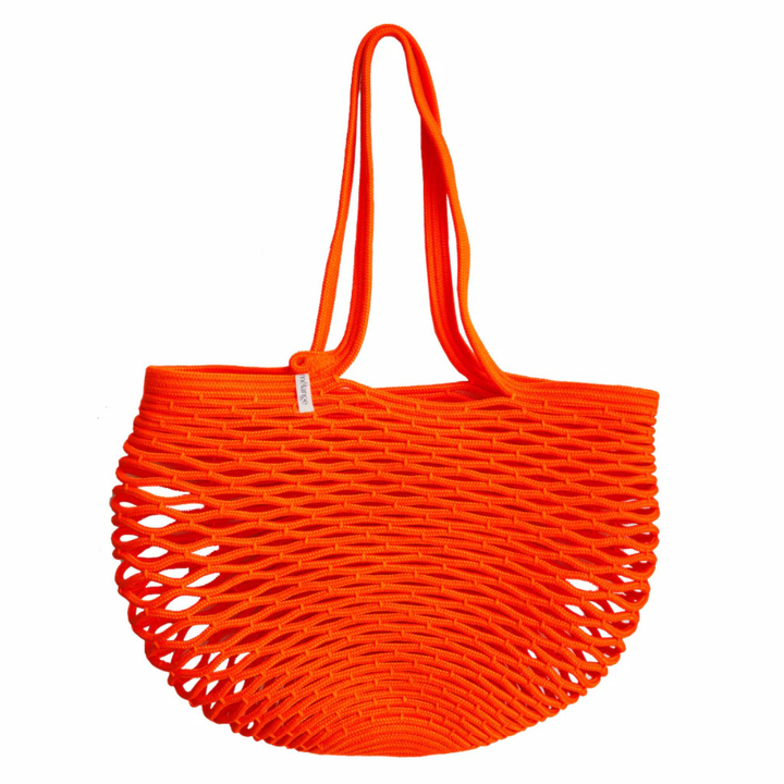 Orange woven bag with thin handles on a white background