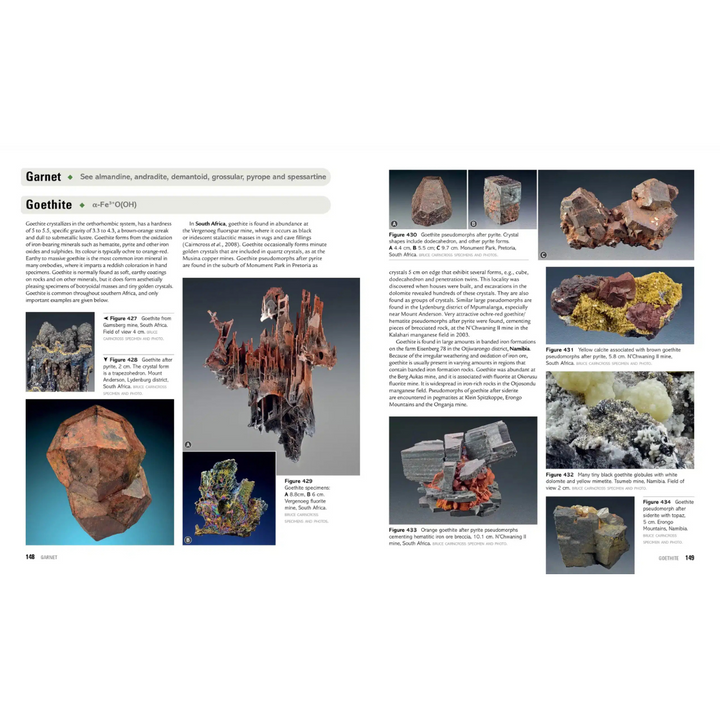 Page from a book or magazine featuring images of garnet and goethite minerals with text on a white background.