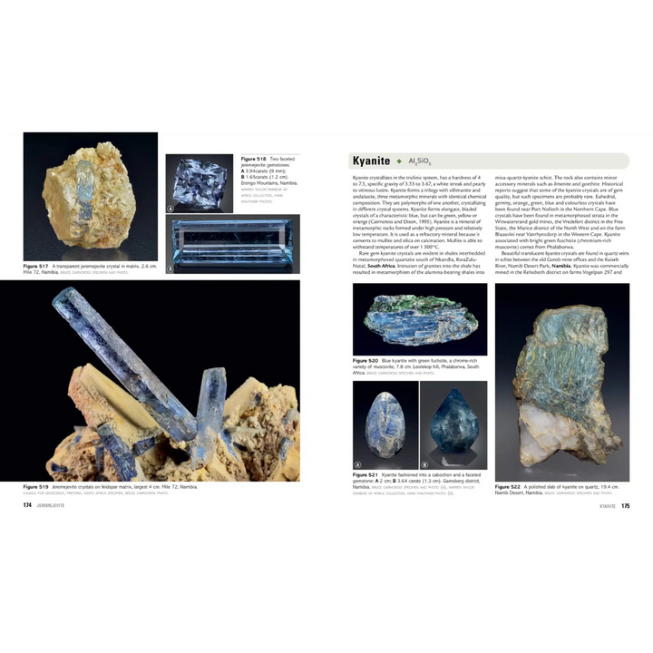 Page from a book or magazine featuring images of kyanite crystals and text.