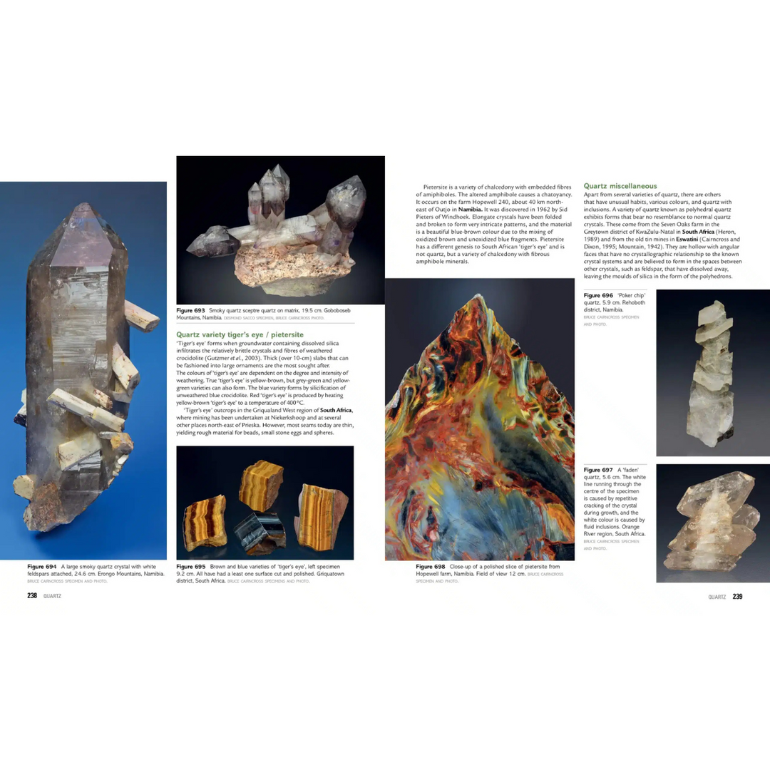 Page from a book or magazine featuring images of crystals and mineral samples with descriptive text.