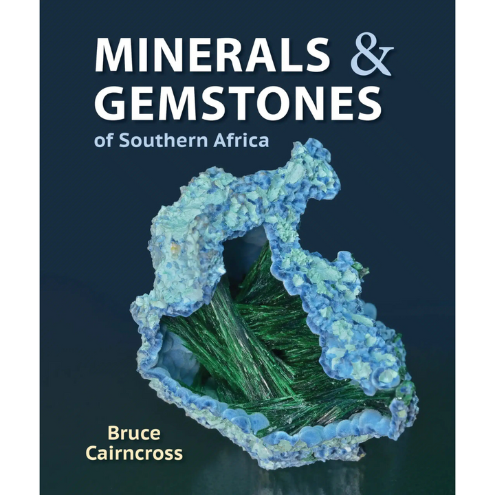 Book cover of 'Minerals & Gemstones of Southern Africa' with a crystal formation on a dark background.