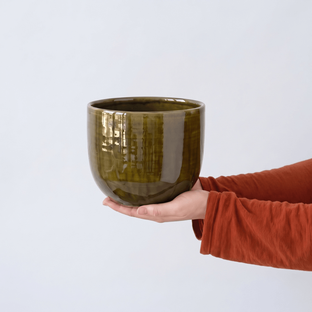Moon Planter - Vintage Green held by person, showcasing its stylish and glossy design in a lush green color.