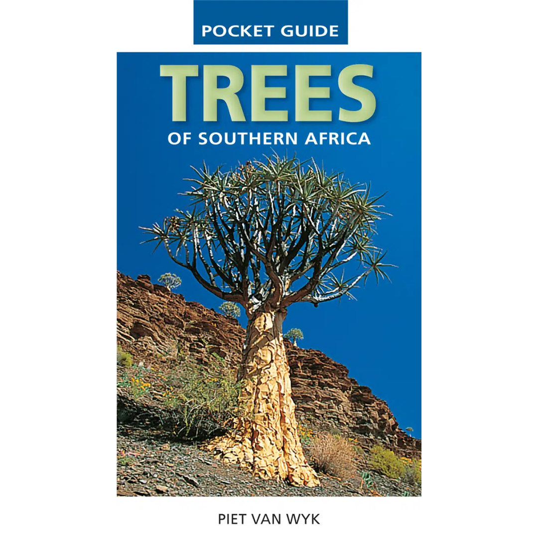 Book cover of 'Trees of Southern Africa' by Piet van Wyk with a tree and mountain background.