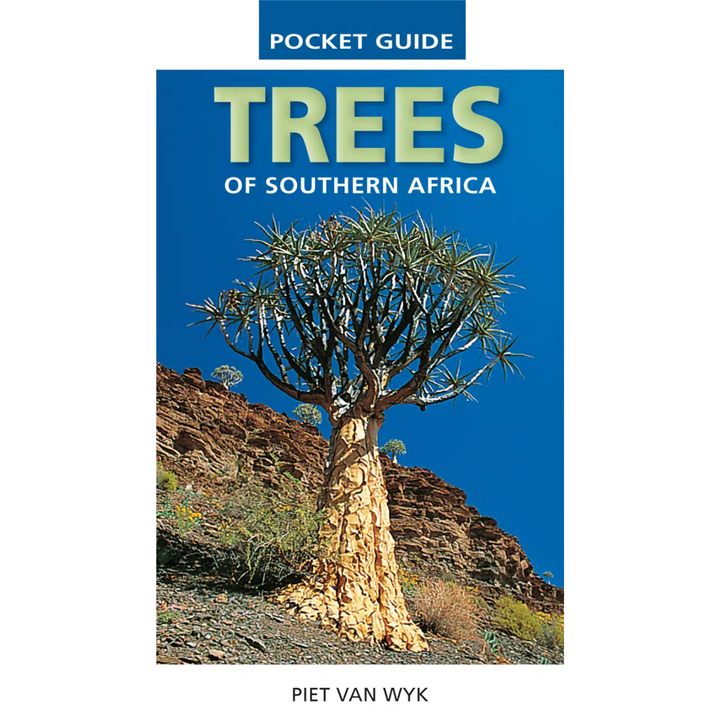 Book cover of 'Trees of Southern Africa' by Piet van Wyk with a tree and mountain background.