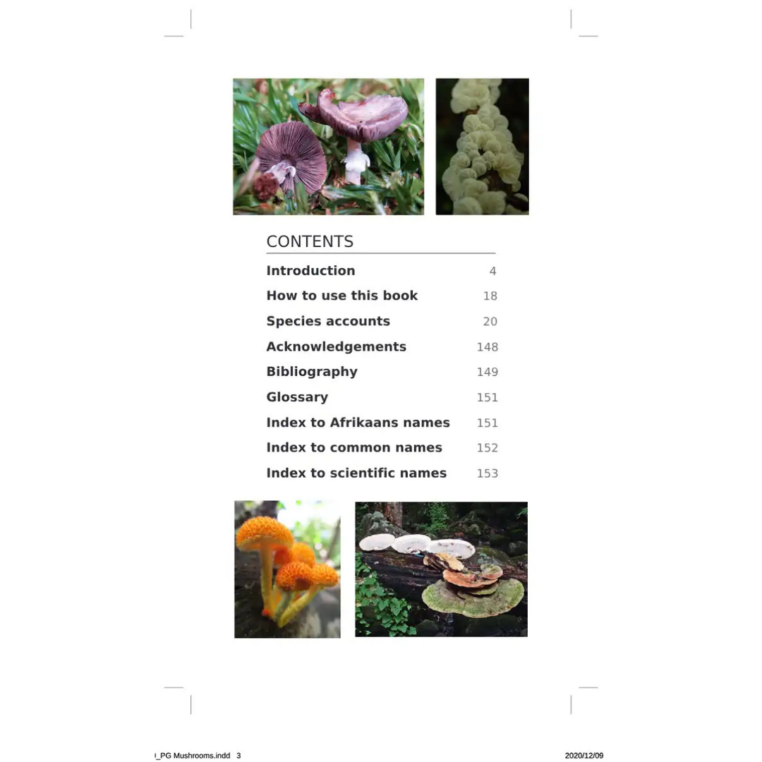 Table of contents for a book on fungi with images of mushrooms.