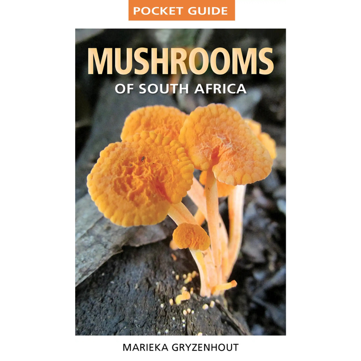 Book cover of 'Mushrooms of South Africa' with orange mushrooms on a dark background