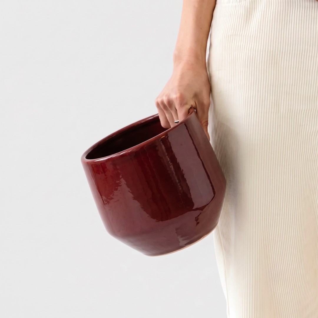 Person holding Oxblood red planter for scale