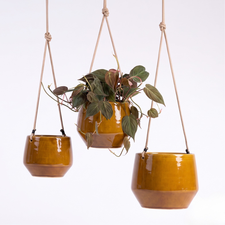 3 sizes of Pogo hanging planter in burnt mustard
