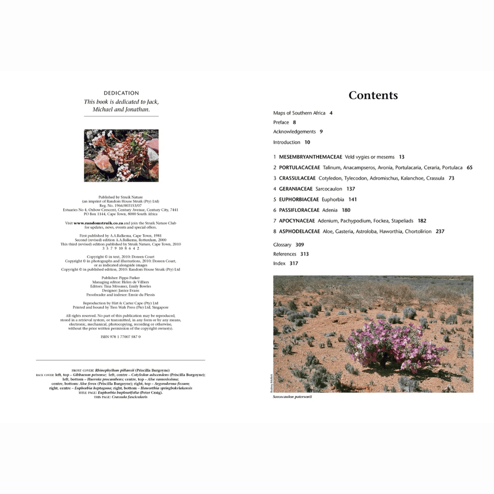 Succulent Flora of Southern Africa book interior showing dedication and contents pages with colorful succulent images.