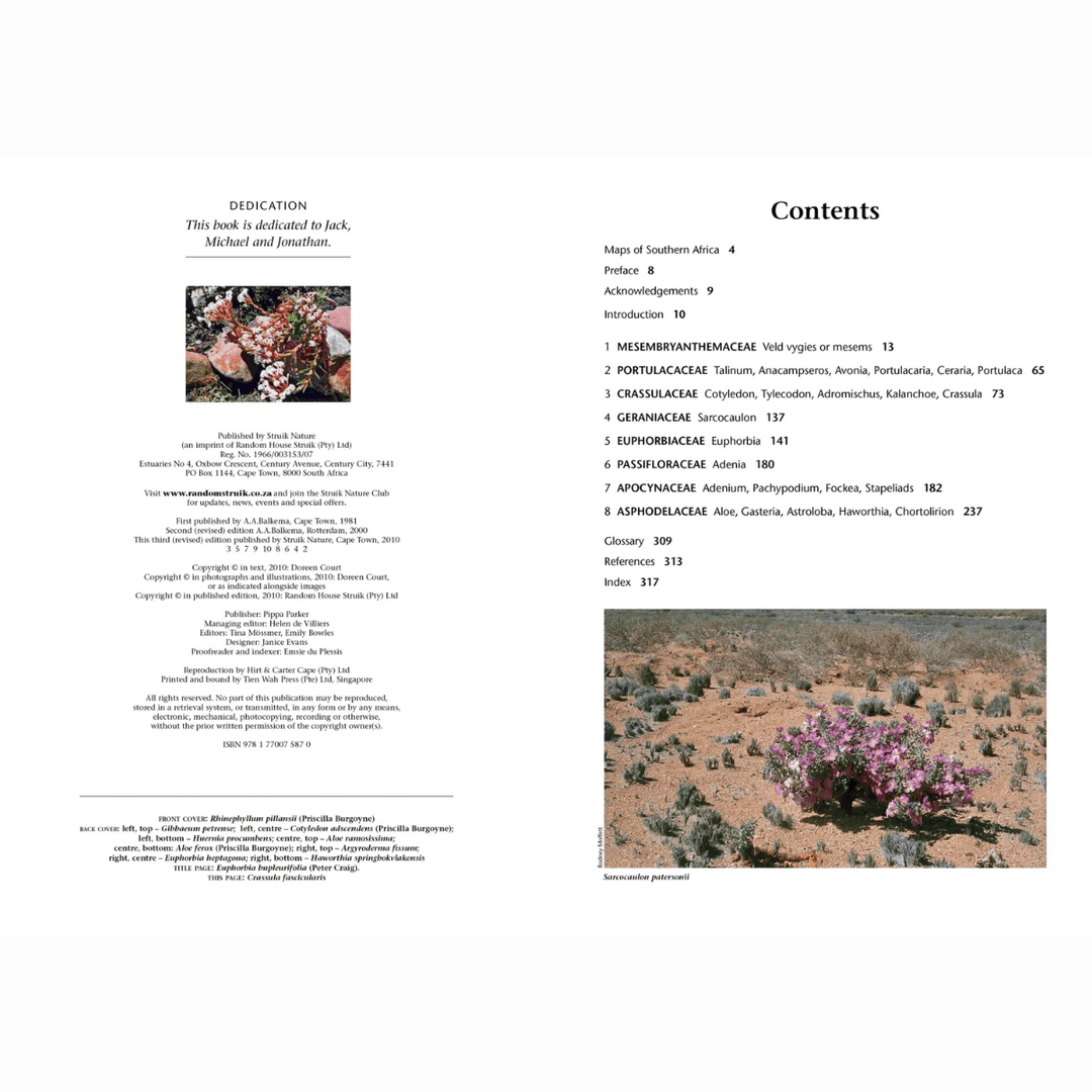 Succulent Flora of Southern Africa book interior showing dedication and contents pages with colorful succulent images.