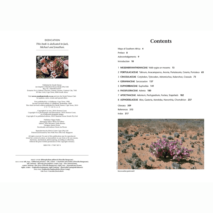Succulent Flora of Southern Africa book interior showing dedication and contents pages with colorful succulent images.