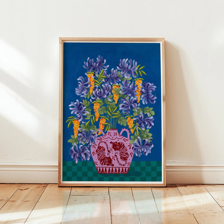 Framed Fine art print of purple and orange floral display in lilac vase with tiger motif.