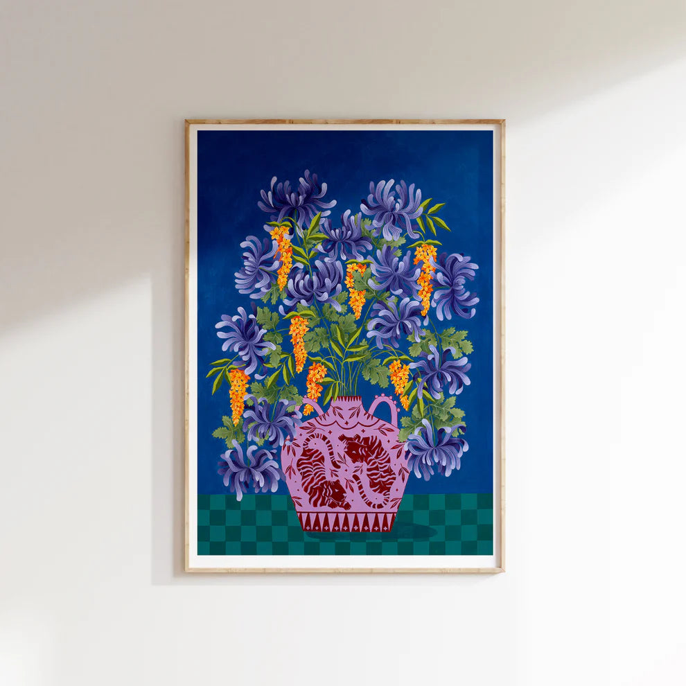 Framed Fine art print of purple and orange floral display in lilac vase with tiger motif.