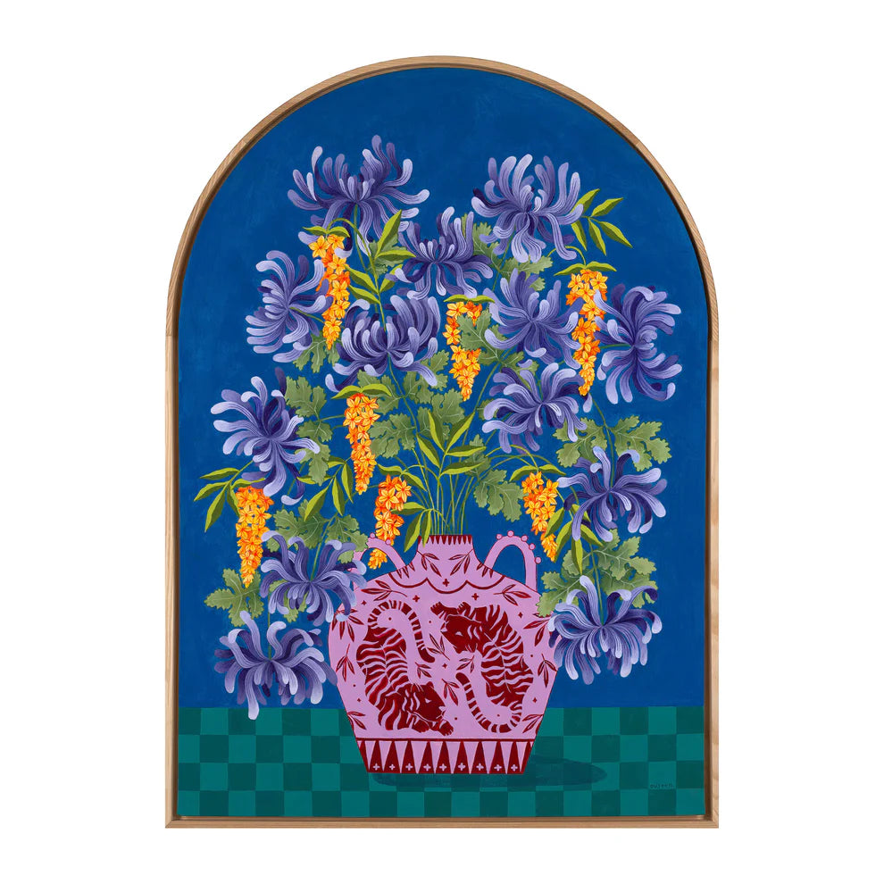 Arch Framed Fine art print of purple and orange floral display in lilac vase with tiger motif.
