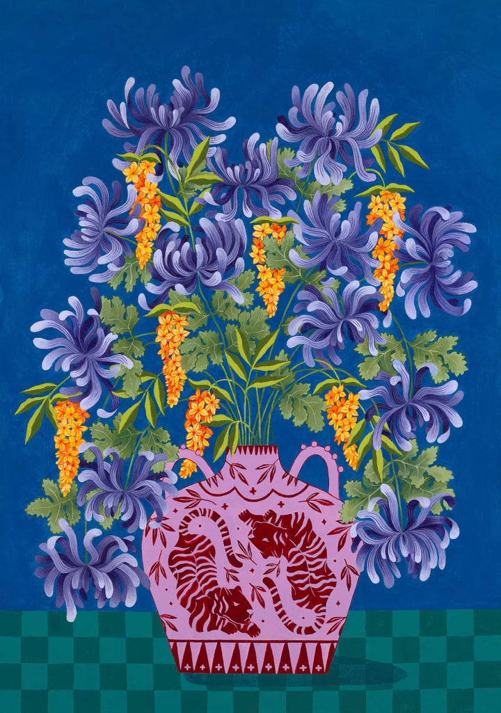 Fine art print of purple and orange floral display in lilac vase with tiger motif.