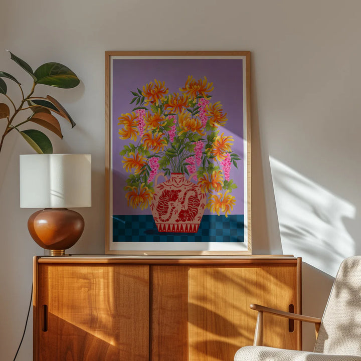 Framed Fine art print of a bright orange floral display in Peach vase with tiger motif.