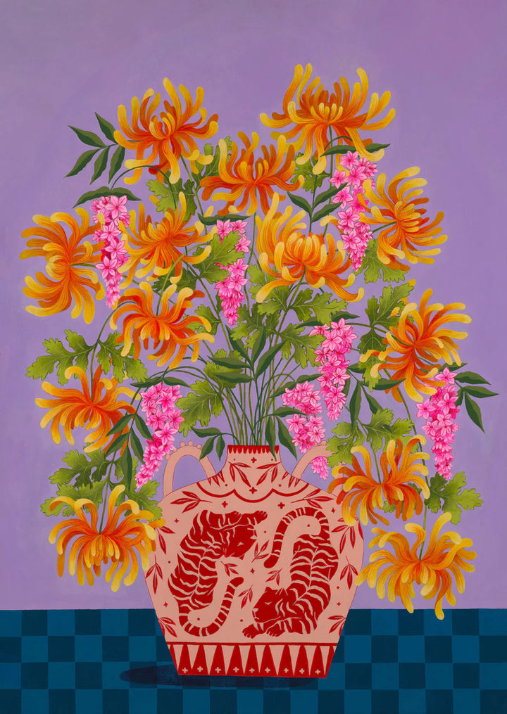 Fine art print of a bright orange floral display in Peach vase with tiger motif.