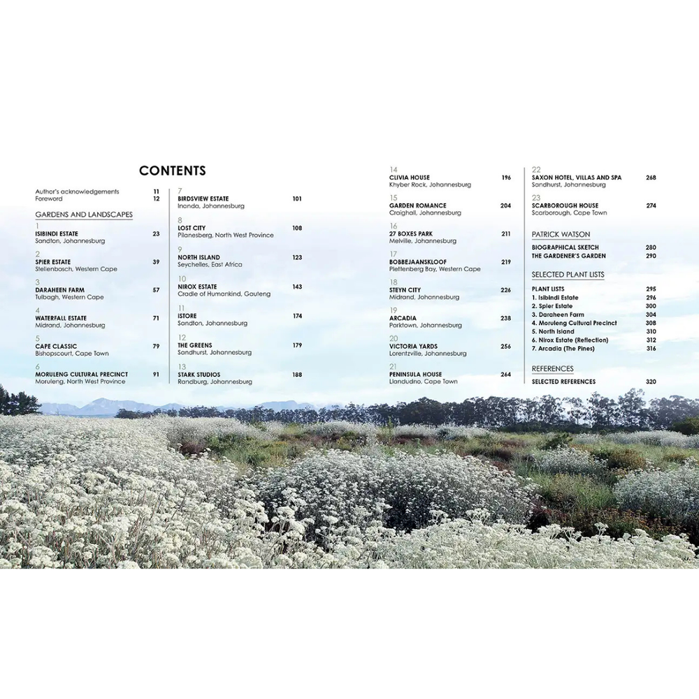 Table of contents with a scenic background of white flowers and greenery