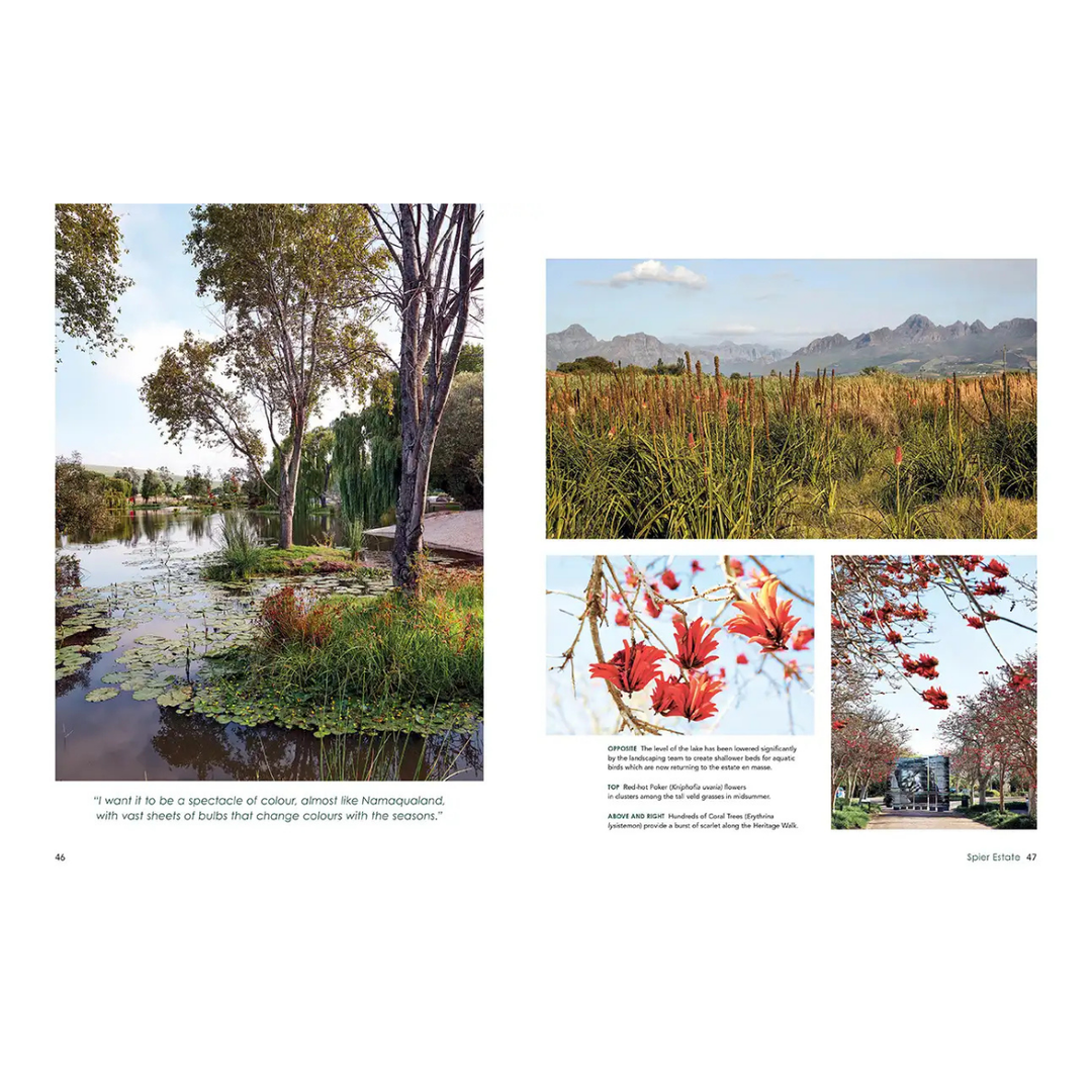Collage of scenic landscapes with trees, a pond, mountains, and flowers.