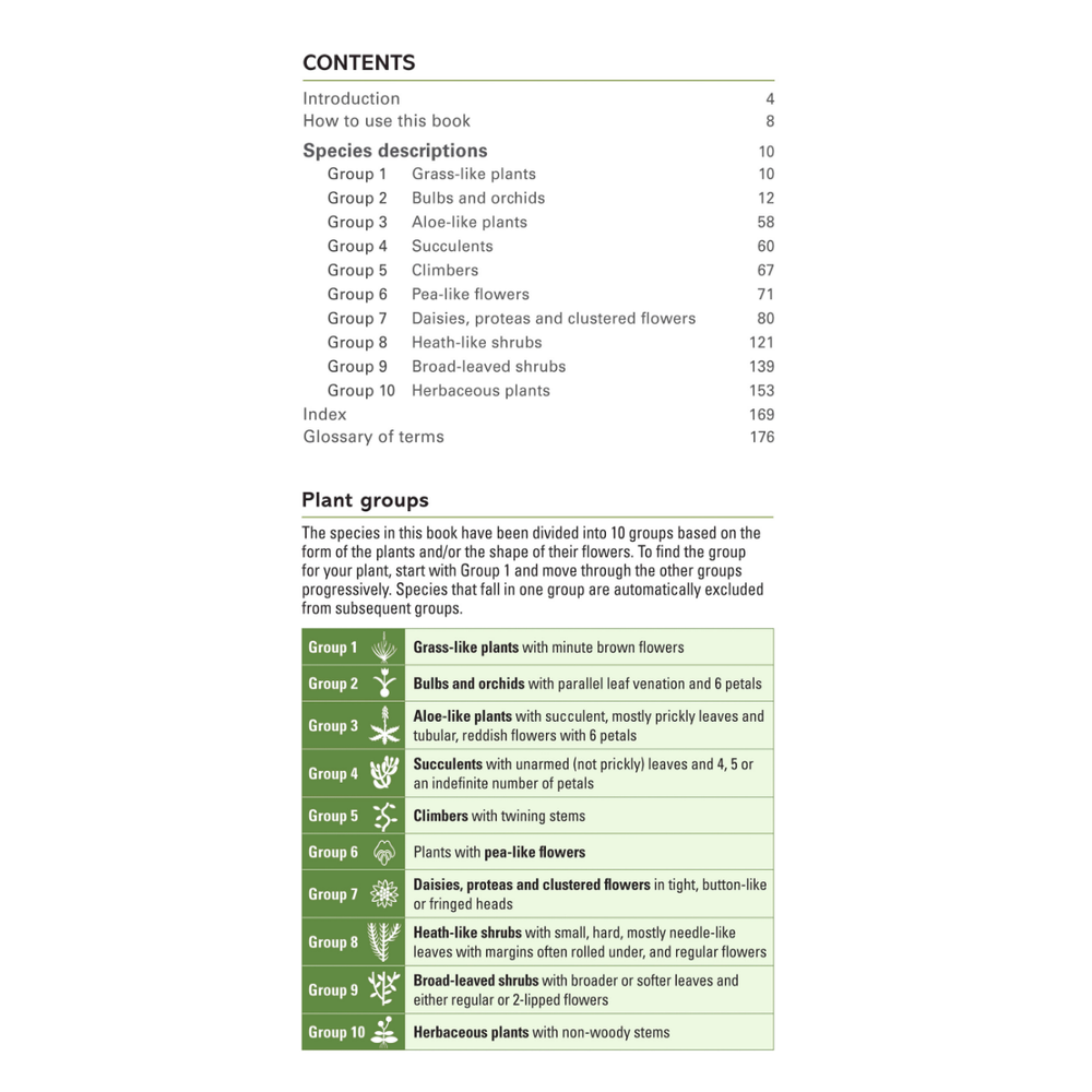 Table of contents for a plant identification book with green text on a white background