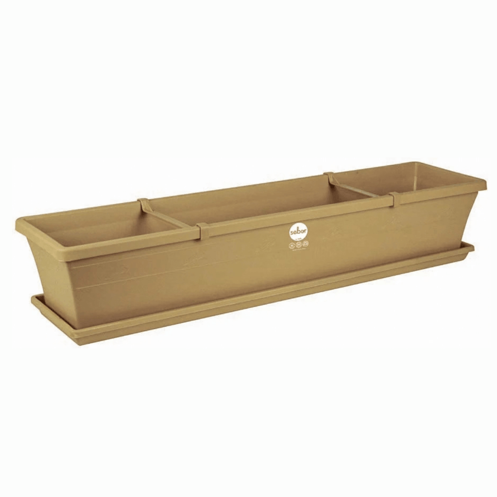 Sebor Sill Planter - Beige with drip tray suitable for indoor and outdoor use, made from UV resistant recyclable plastic.