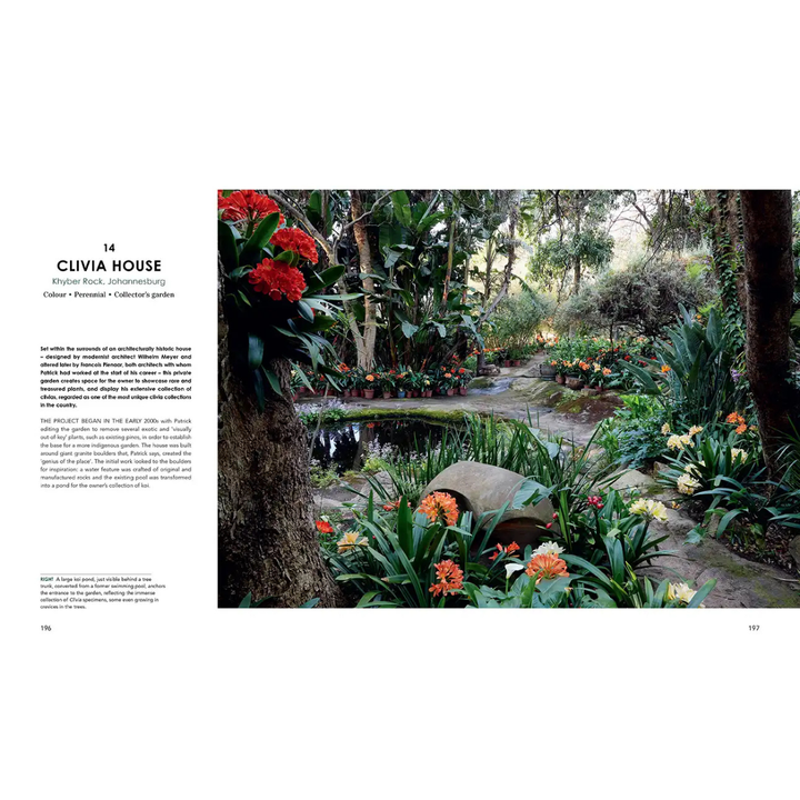 Garden scene with flowers and a pond, featuring text on the left side. Clivia south african indigenous