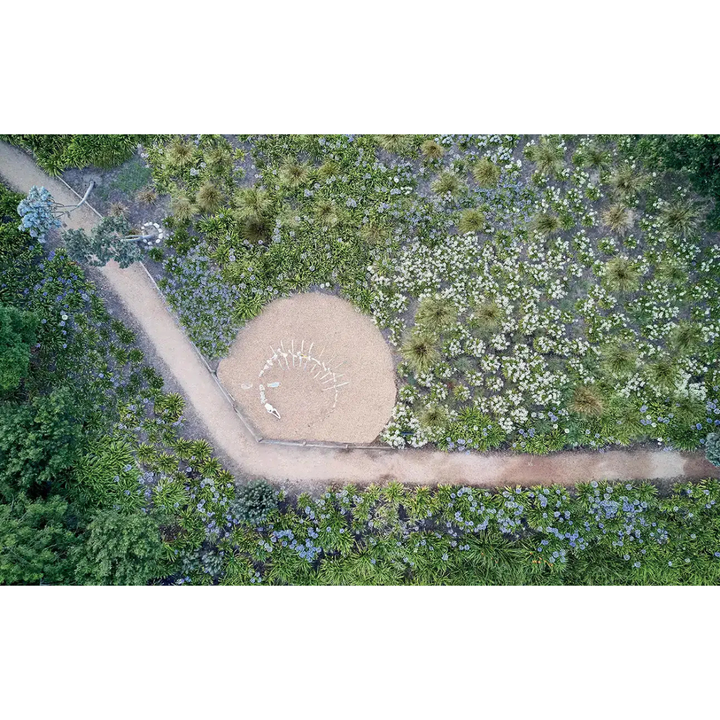 Aerial view of a circular garden feature surrounded by greenery and flowers.