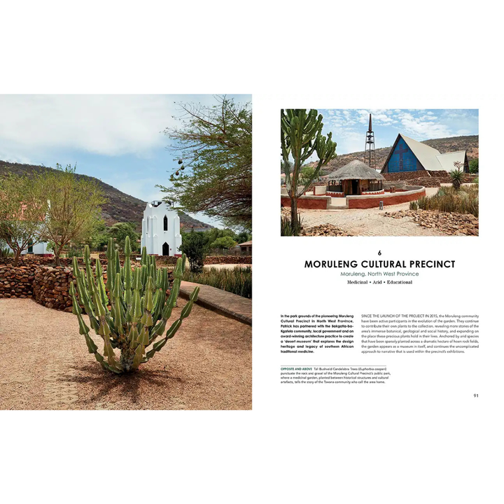 Two images of a desert landscape with cacti and a building, featuring text about a cultural precinct. south african indigenous