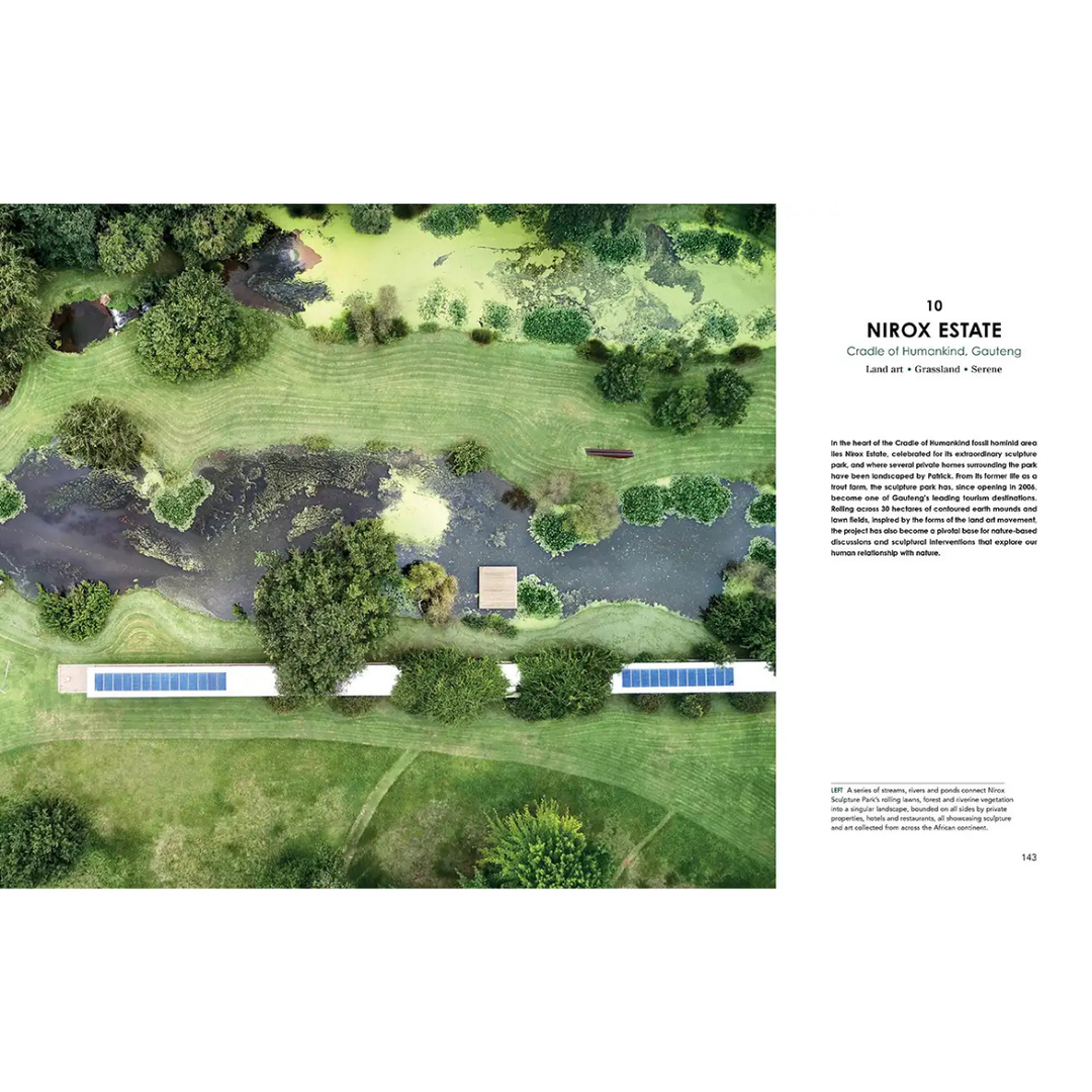 Aerial view of a landscape with greenery, a pond, and pathways. south african indigenous